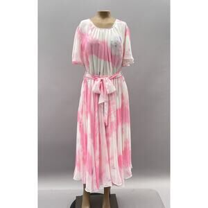Ivy City Co. Dress Women L Pink Lover's Pleated Midi Tie Dye Belted Flutter